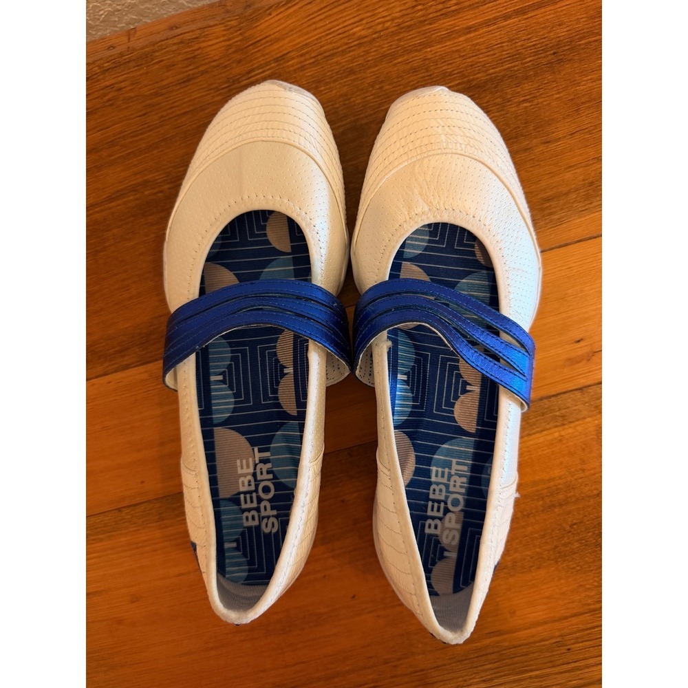 Y2K Bebe Sport Womens White Blue Leather Mary Jane Ballet Flats 8 Puma Sporty - Picture 7 of 11